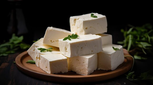 Traditional indian cheese paneer (prepared from fresh milk) on kitchen table 