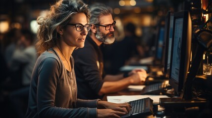 Focused colleagues working on computer in workplace