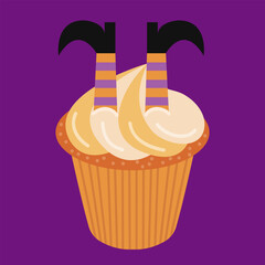 Halloween cupcake with witch legs vector illustration