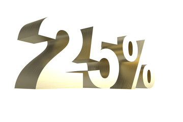 25% gold 3d number on transparent background. Perspective. Isolated