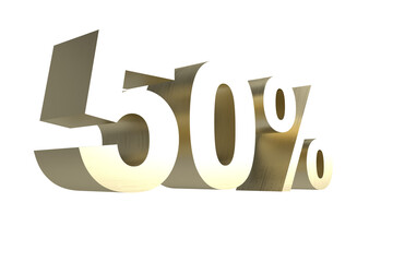 50% gold 3d number on transparent background. Perspective. Isolated