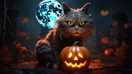 halloween cat with pumpkin