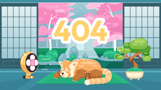 Sleeping red panda error 404 flash message. Wild animal near fan. Website landing page ui design. Not found cartoon image, cute vibes. Vector flat illustration concept with kawaii anime background