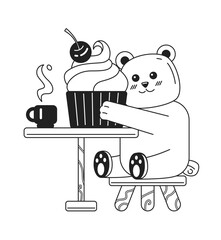 Bear eating ice cream black and white cute chill lo fi wallpaper. Animal cuddling cupcake linear 2D vector cartoon character illustration, monochrome lofi anime background. Bw 90s kawaii aesthetic