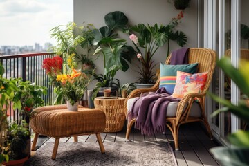 Stylish balcony with rattan furniture, colorful cushions, cozy blanket, and greenery.