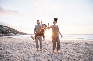 Travel, swing and holding hands with family at beach for bonding, summer vacation and happy. Smile, sunset and relax with parents and child walking on seaside holiday for love, freedom and support