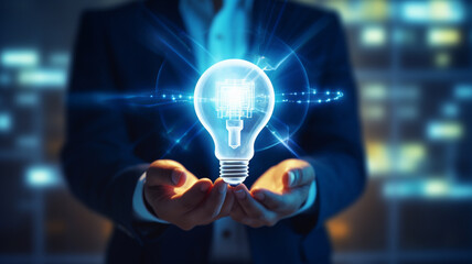A bulb in hand of businessman. Creative concept. Generative AI
