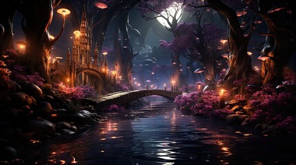 Enchanting and magical fantasy forest, fairytale setting, mystical creatures, dreamy atmosphere, surreal landscape, digital art, storytelling