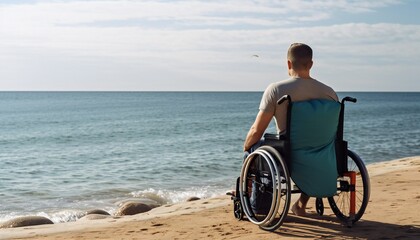 A disabled man enjoys the view of the sea while sitting in a wheelchair