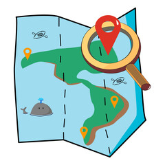 Paper map with magnifying glass zooming fragment of a navigational map focused on gps symbol. Vector illustration