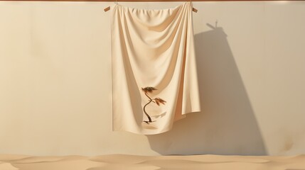  a tan curtain hanging on a clothes line in a desert.  generative ai