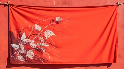  a red banner with white flowers on a red background hanging on a clothes line.  generative ai