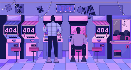 Man playing arcades error 404 flash message. Old school video gaming machine. Website landing page ui design. Not found cartoon image, dreamy vibes. Vector flat illustration with 90s retro background © The img
