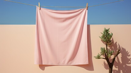  a pink towel hanging on a clothes line next to a plant.  generative ai