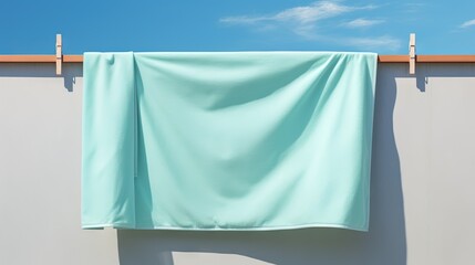  a light blue towel hanging on a clothes line with a blue sky in the background.  generative ai