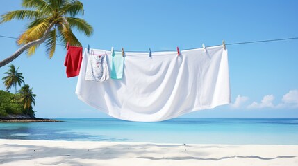  clothes hanging on a clothesline on a beach with a palm tree.  generative ai