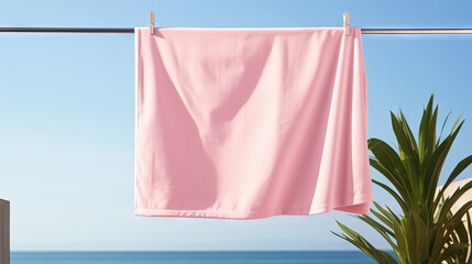  a pink towel hanging on a clothes line near the ocean.  generative ai