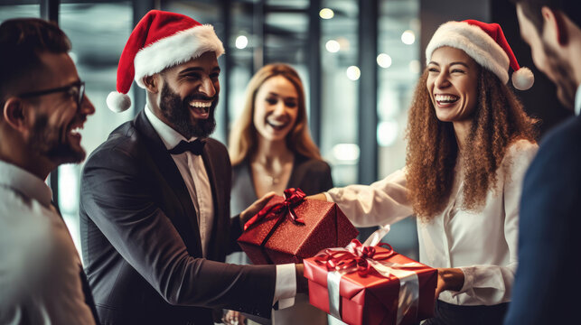 Business people wearing santa hats celebrating each other's new year at work