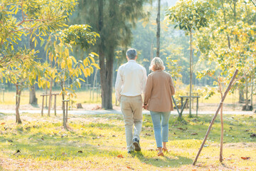 Active happy and enjoy love seniors couple embracing in park