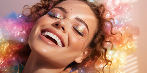 Obraz premium A stunning portrait of a woman radiating happiness and sensuality. Closed eyes, vibrant makeup and curly hairstyle celebrate party joy.