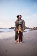 Portrait, family and smile at beach, holding hands and sunset, bonding or outdoor on mockup space....