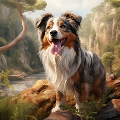 A photorealistic happy Australian Shepherd dog in natural setting