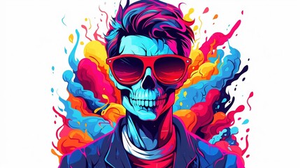  a man with sunglasses and a skull face painted in bright colors.  generative ai