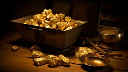 Antique Gold Rush: Small Nuggets on Measuring Scale for Precious Metal Treasure. Generative AI - obrazy, fototapety, plakaty
