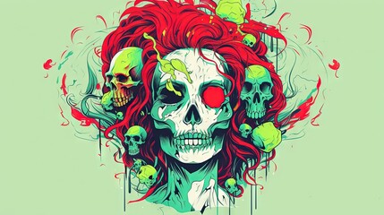  a woman with red hair and skulls on her head is shown.  generative ai