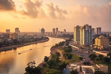 Poster Im Rahmen Golden Hour Lagos Skyline: Victoria Island Cityscape Landscape in West Africa, Nigeria at Sunset: Generative AI © AIGen