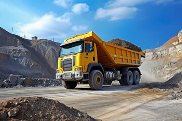 Dump Truck Unloading Gravel at Construction Site. Industry and Mining Equipment for Transport and Distribution of Materials: Generative AI