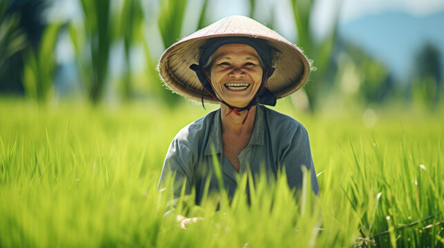 happy old lady wearing straw hat in rice field