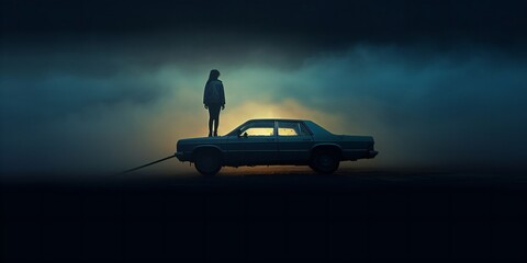 A woman stands on the roof of a car around the fog and dusk