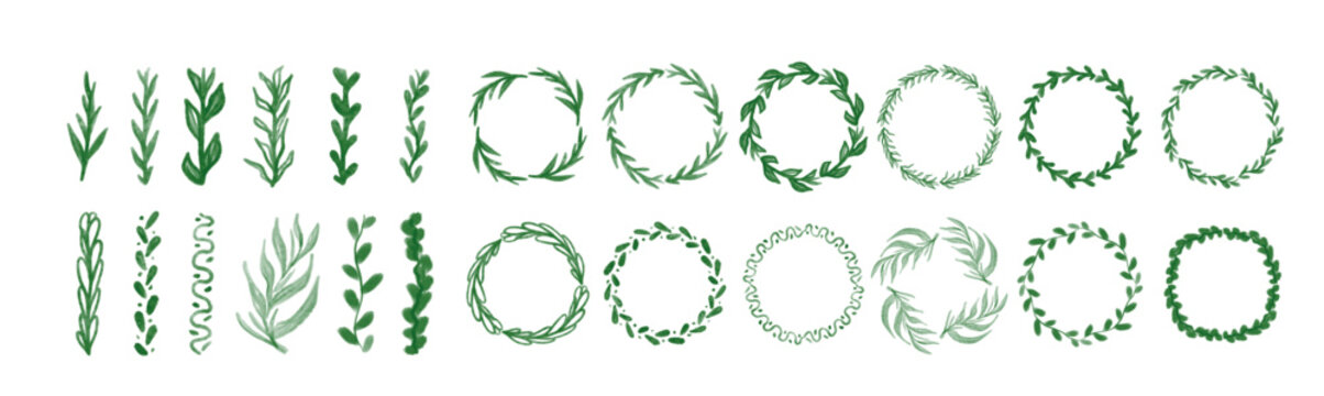 Doodle eco green botanical circle frame. Hand drawn round line border, leaves, wedding invitation and cards, logo design and posters template.
