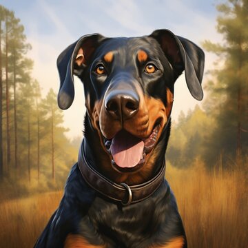 A photorealistic happy Doberman Pinscher dog in natural setting