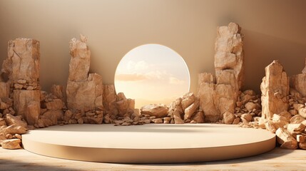  a room with a round window and a stone wall and floor.  generative ai - obrazy, fototapety, plakaty