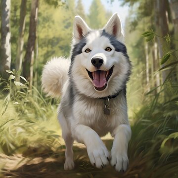A photorealistic happy Husky dog in natural setting