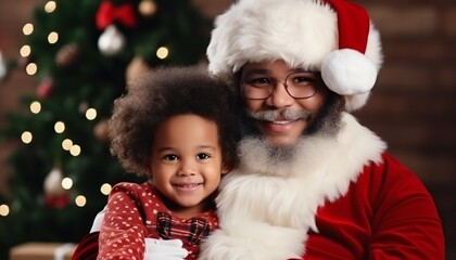 Fototapeta na wymiar Child sitting on the lap of Afro-American Santa Claus around