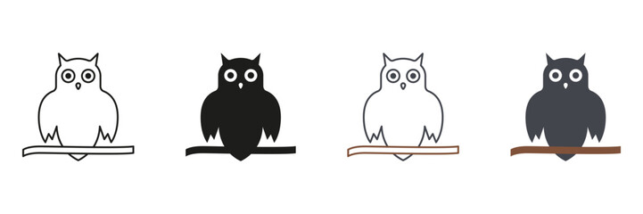 Spooky Owl Line and Silhouette Icon Set. Owl Symbol of Halloween and Wisdom Pictogram. Wise Night Bird Sitting on Tree Branch Black and Color Symbol Collection. Isolated Vector Illustration
