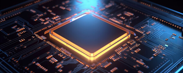 Microprocessor and CPU technology background. Main microchip on the motherboard - obrazy, fototapety, plakaty