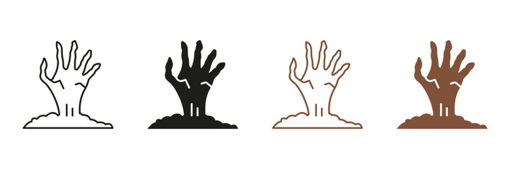 Zombies Hand Halloween Decorations Pictogram Set. Dead Man Hand Sticking Out Ground Line and Silhouette Icons. Scary Monsters Bony Arm Black and Color Symbol Collection. Isolated Vector Illustration