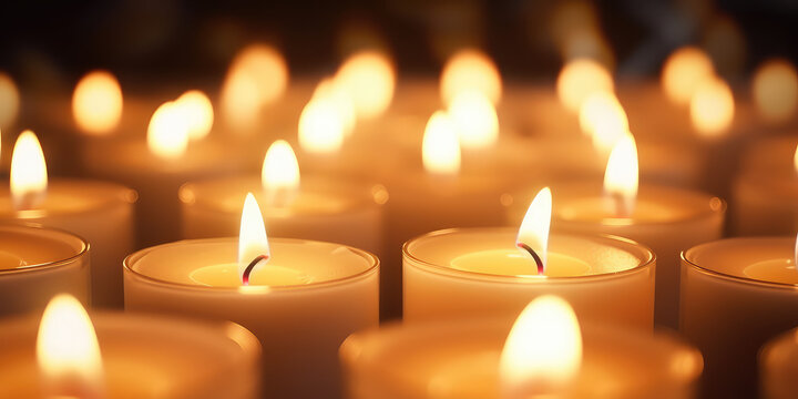 Horizontal wallpaper with lots of little candles with fire. Soft light from tee candles creating a peaceful atmosphere. 