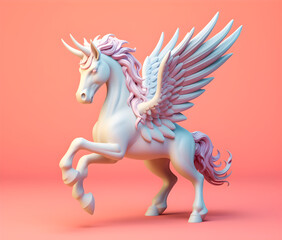 Obraz na płótnie Canvas Cute White Unicorn with Pink Hair and Wings on Pink Background, Ai Generated