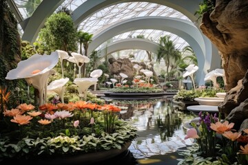 a spectacular indoor garden with futuristic design, filled with summer floral and foliage.