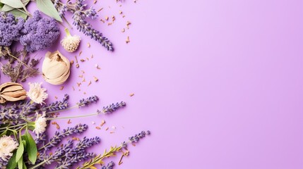  a bunch of lavender flowers and nuts on a purple background.  generative ai