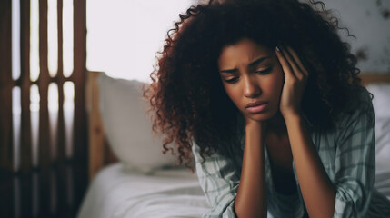 Portrait of depressed stressed black woman mixed race woman sitting on bed holding sides of face and staring downmental health disorder anxiety major depressive disorder sad awareness - obrazy, fototapety, plakaty