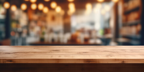 Fototapeta na wymiar Rustic wooden counter with a backdrop of a blurred retail shop, empty table mockup for showing products.