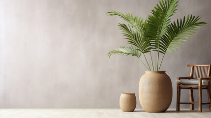 vaso de vime com planta tropical em quarto estilo boho minimalista