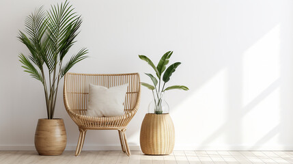 vaso de vime com planta tropical em quarto estilo boho minimalista - obrazy, fototapety, plakaty
