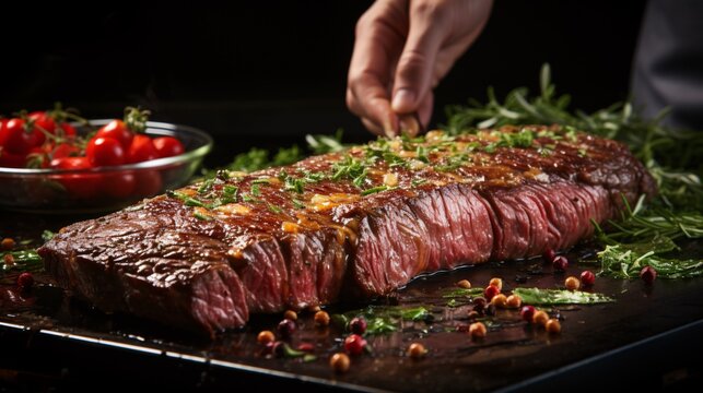 Grilling a succulent beef steak on a pan, skillfully prepared by a chef, set against a sleek black backdrop, creating the perfect canvas for restaurant menu text placement..